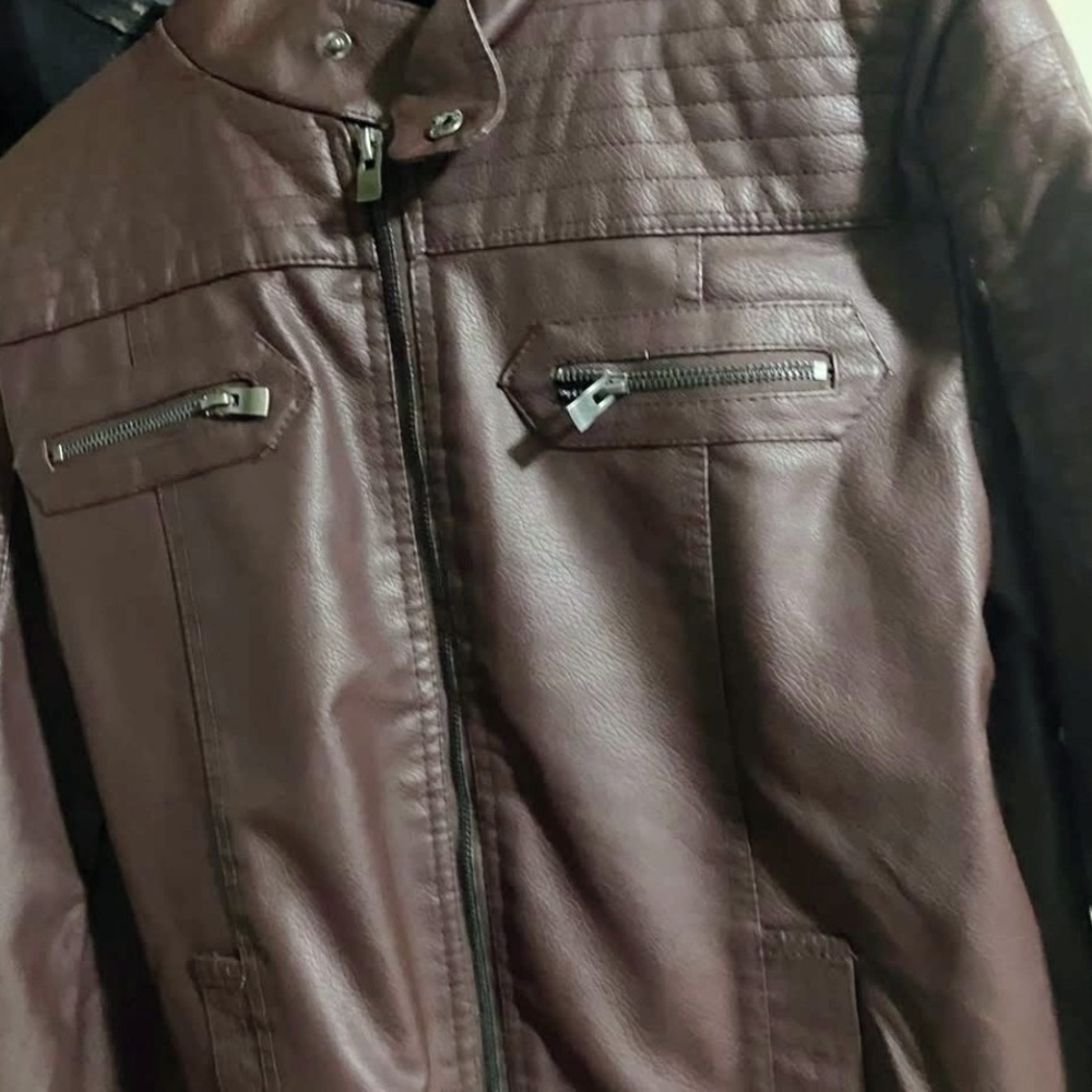 Boys Size 18 Xl  Brown Faux Leather Zip-Front Jacket